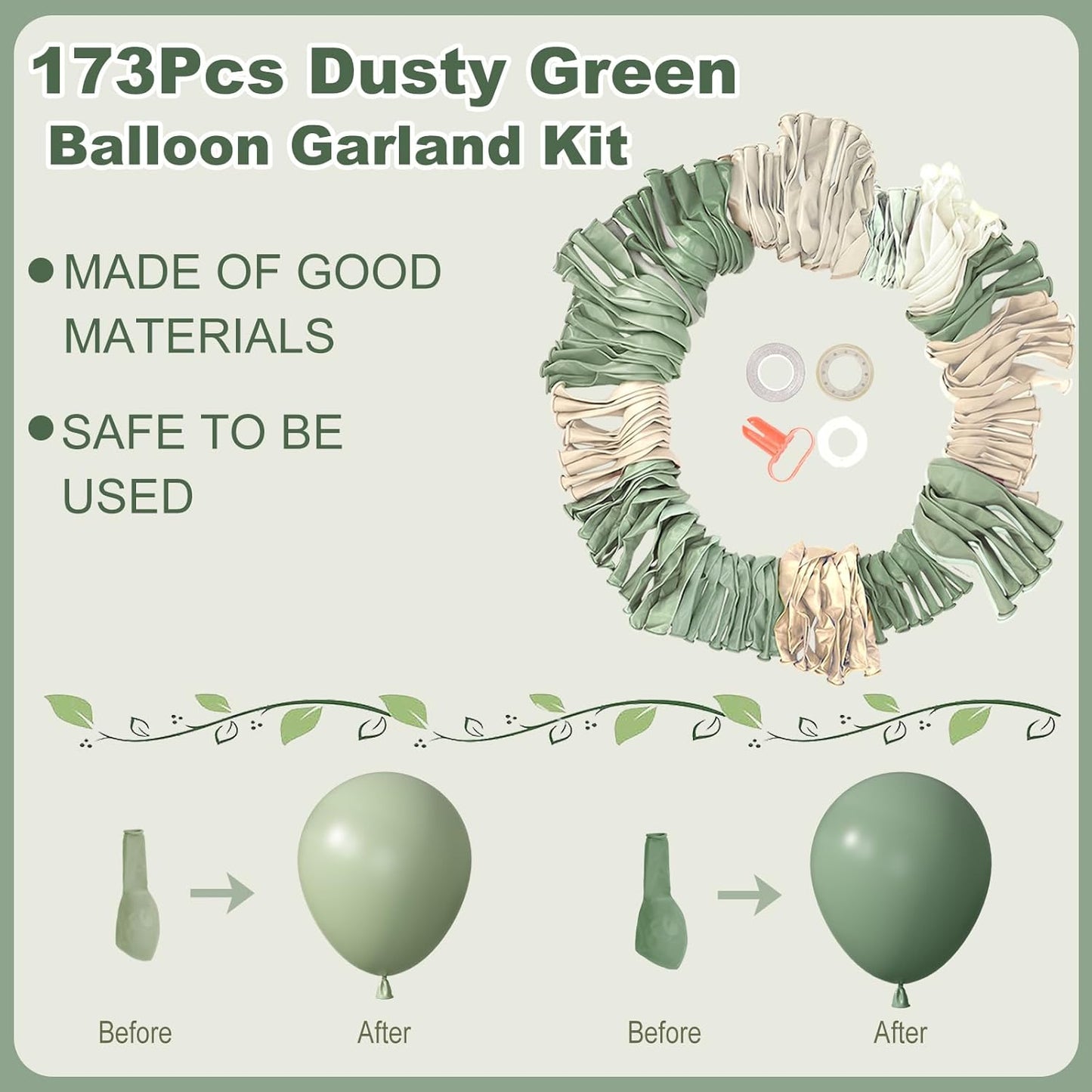 Amandir 173Pcs Dusty Green White Sand Balloon Arch Garland Kit, Beige Cream Mist Olive Light Sage Green Gold Confetti Balloons for Birthday Baby Shower Woodland Wild One Wedding Party Decorations