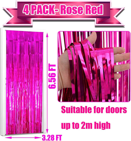 4 Pack Fuchsia Foil Fringe Curtain Backdrop, 3.28Ft x 6.56Ft Metallic Tinsel Foil Fringe Streamers Curtains for Party, Photo Booth Props, Birthday, 2022 Graduation Decoration Supplies, ROSE RED