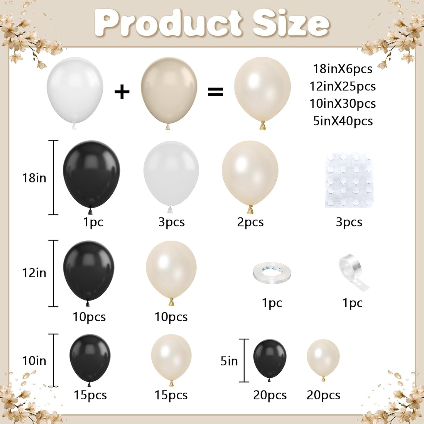 Pearl Sand White and Black Balloon Arch Kit, Double Stuffed White Sand Black Balloons Garland 18/12/10/5 Inch Pearl Balloons for Baby Shower Birthday Wedding Bridal Shower Party Decor