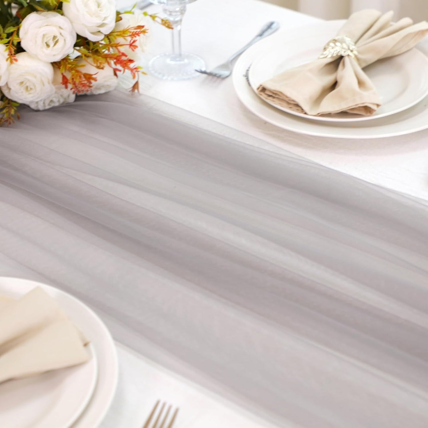 Snowkingdom Grey Table Runner, 10FT Light Grey Tulle Rustic Gauze Cheesecloth Table Decorations, Long Boho Rustic Tulle Runners for Wedding Birthday Christmas Outdoor Party Home Decor 120 Inch