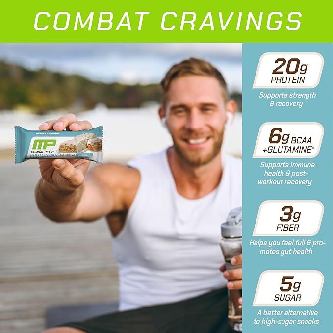 MusclePharm Combat Ready Protein Bar, Cinnamon Roll High Protein Bars, Combat Cravings, Fuel Performance & Meet Energy Demands, 20g Protein from Whey Protein, 3g Fiber, Gluten Free, 4 Bars
