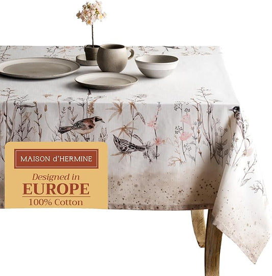Maison d' Hermine Table Cloth Rectangle Table 100% Cotton 60 x 90 Inches Tablecloth Reusable Decorative for Dining Room Farmhouse Home Valentines Day Decorations Spring Summer - Meadow Florals - Brown