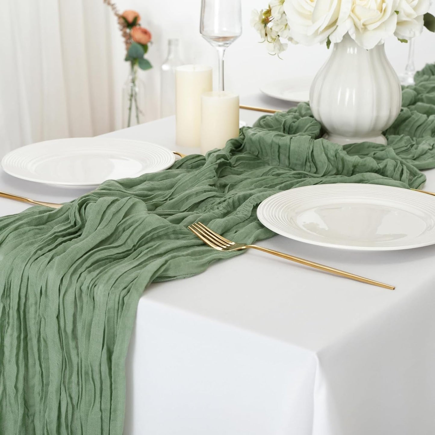 combocube 6 Pack 35x120 Inch 10Ft Cheesecloth Long Table Runner Gauze Rustic Romantic Table Cloth for Wedding Reception Bridal Shower Holiday Birthday Party Table Decorations, Sage Green