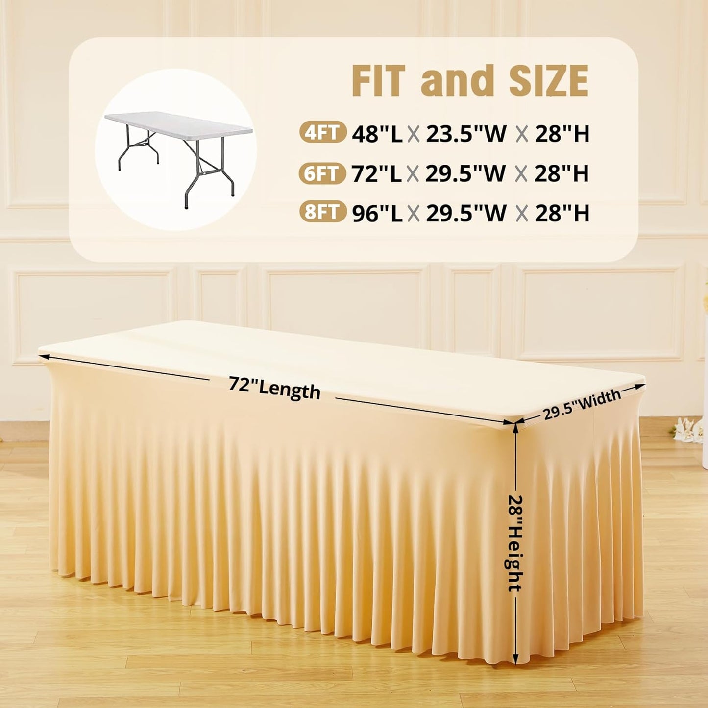 Besutolife 6 Pack Champagne Spandex Tablecloth for 6ft Rectangle Tables Fitted Table Cloth Stretch Table Covers Skirt 6ft Rectangular Tablecloths for Banquet Parties Wedding Decorations