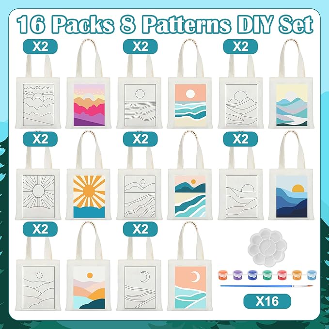 Aliceset 16 Pcs Color Your Own Bag Canvas Tote Bag for Painting 7.9'' x 8.6'' Mini Doodle DIY Craft Gift Reusable Cotton Bulk