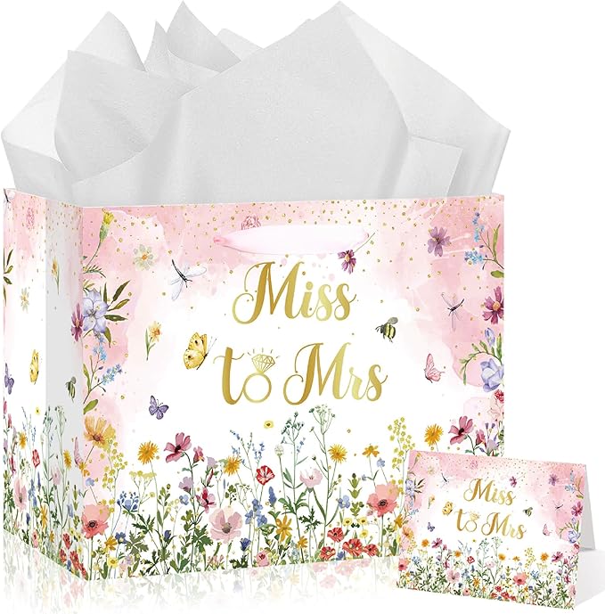 Bridal Shower Gift Bag Wedding Miss to Mrs Gifts Bag with Tissue and Card Bridal Shower Gift Wrapping Paper Bag Floral Wedding Gift Bags Bride Engagement Bachelorette Party Bag Bride to Be Gifts