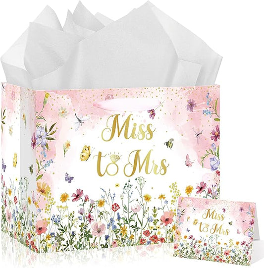 Bridal Shower Gift Bag Wedding Miss to Mrs Gifts Bag with Tissue and Card Bridal Shower Gift Wrapping Paper Bag Floral Wedding Gift Bags Bride Engagement Bachelorette Party Bag Bride to Be Gifts