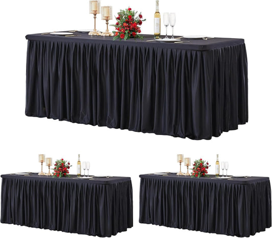 3 Pack Black Polyester Table Clothes for 6 Foot Rectangle Tables, Wrinkle Free Fitted Table Cover with Pleated Ruffle Table Skirt for Party Baby Shower Wedding Birthday Event Display