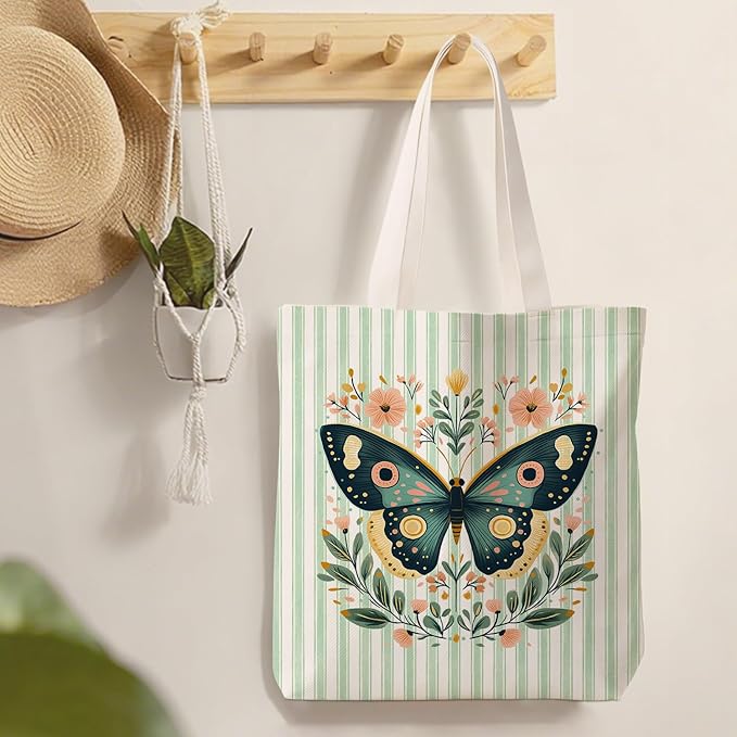 Green Butterfly Floral Tote Bag for Women,Butterfly Canvas Tote Bag for Girls,Green and White Striped Farmhouse Botanical Aesthetic Reusable Shopping Grocery Bags Party Favors