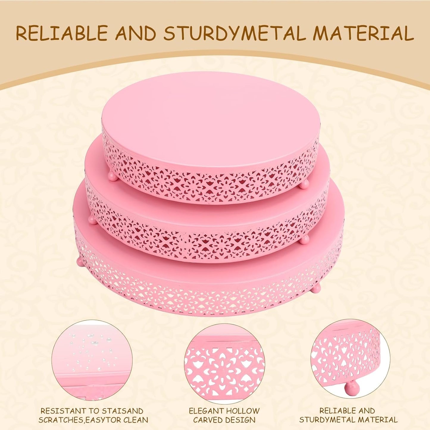 3 Piece pink cake stand Set 16'' 14'' 12'' Round Metal Cake Stands Cupcake Stand Riser Pastry Candy Display Plate for Dessert Table Wedding Event Birthday Anniversary Party (Pink)