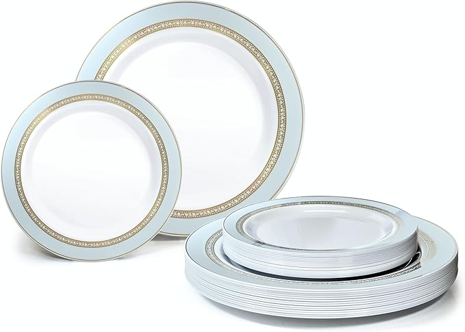 OCCASIONS 50 Blue Disposable Plates (25 Guests) - Heavyweight Plastic Plate Set with Gold Rim - 25 x 10.5" Dinner + 25 x 7.5" Salad/Dessert Plates for Wedding Party - Ritz Blue and Gold