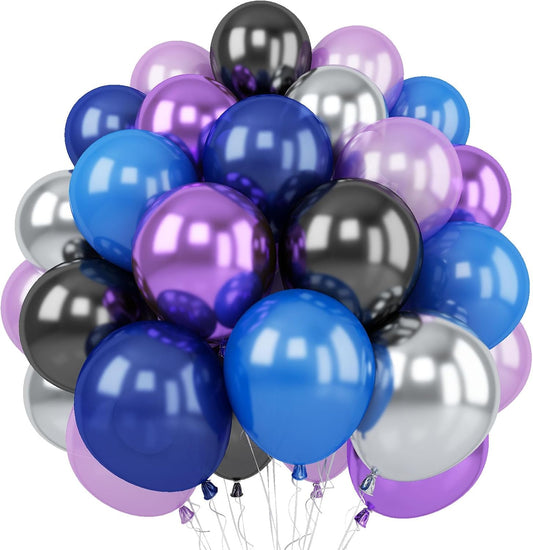 Togvu Outer Space Balloons, 12 Inches Galaxy Blue Purple Balloons with Metallic Black Silver Balloons, Outer Space Party Decorations for Kids Boys Astronaut Space Birthday Party Decoration