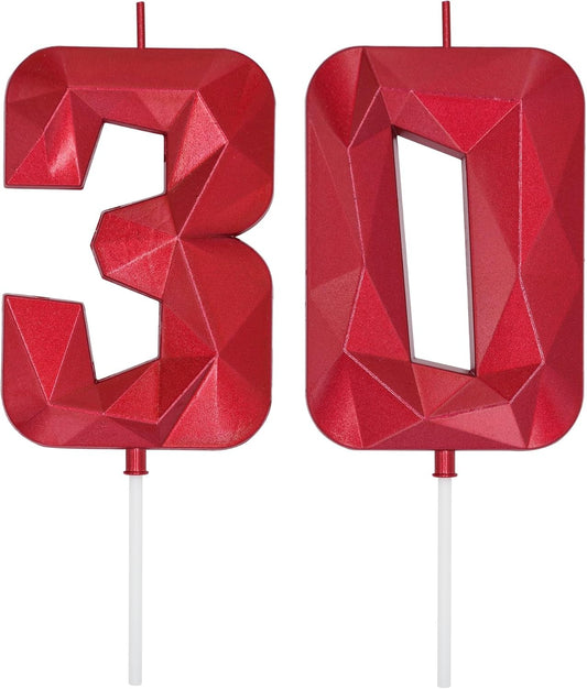 DERVENTA Large Birthday Candle Number 3D Red 3.7 inch Party Celebration Anniversary Decoration Cake Topper 1 Piece (Number 30 Red)