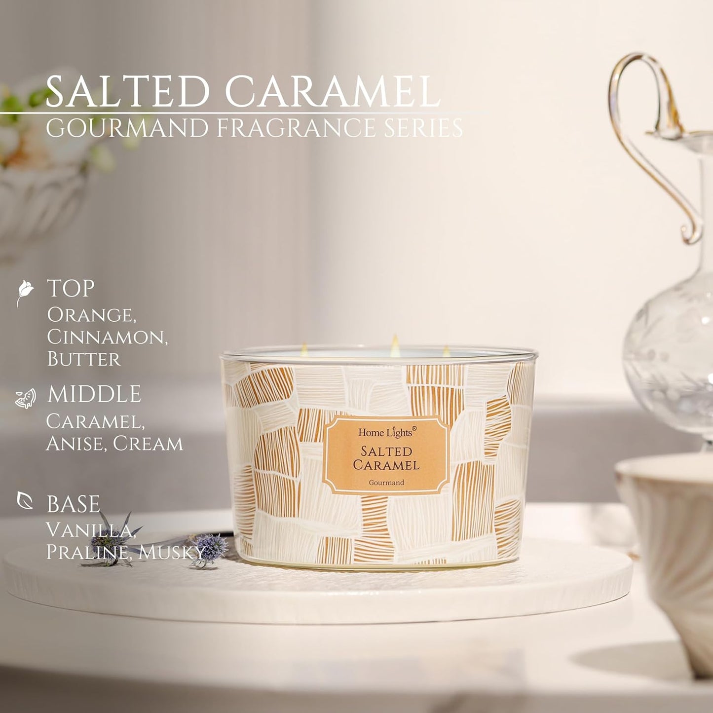 HomeLights Soy Wax Candles for Home Scented, 4-Wick Candles in Salted Caramel Scented, Rustic Modern Aromatherapy Candles Gift for Parties, Relaxing, 18oz