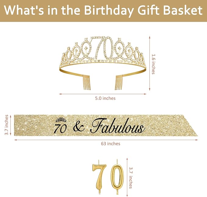 70th Birthday Decorations for Women Gold with Sash and Tiara, Gold Number Candles, 70th Birthday Gifts for Women