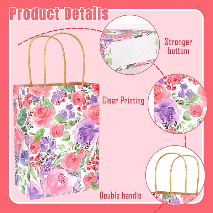 JarThenaAMCS 24Pcs Floral Kraft Paper Bags with Handles Summer Watercolor Purple Flower Treat Gift Bag Blossom Candy Goodie Bag for Wedding Birthday Baby Shower Party Favors Supplies