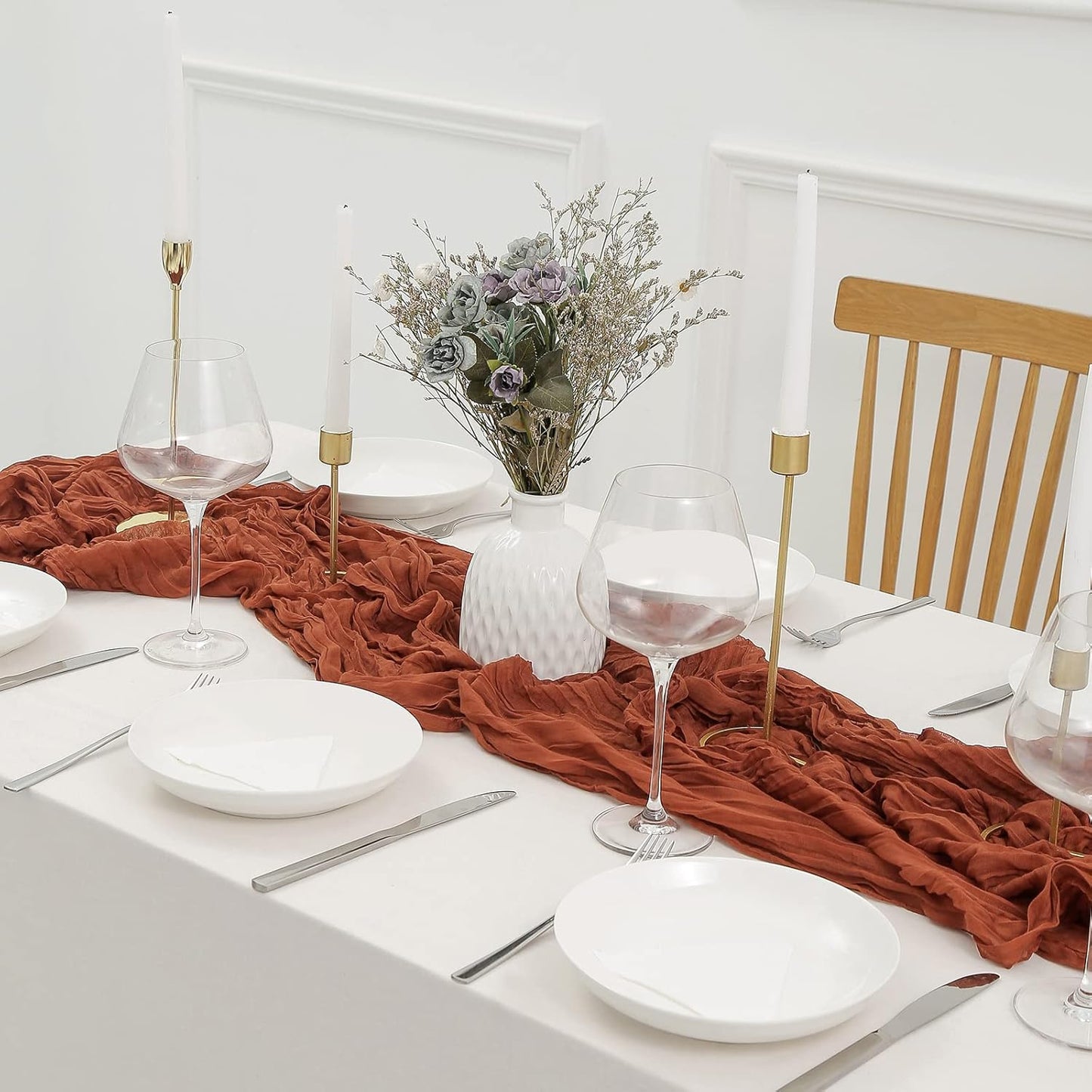DOLOPL Thanksgiving Table Runner Fall Cheesecloth Table Runner 13.3ft for Thanksgiving Decorations, Rust Gauze Cheese Cloth Runner 160inch Long for Wedding Bridal Baby Shower Table Decorations