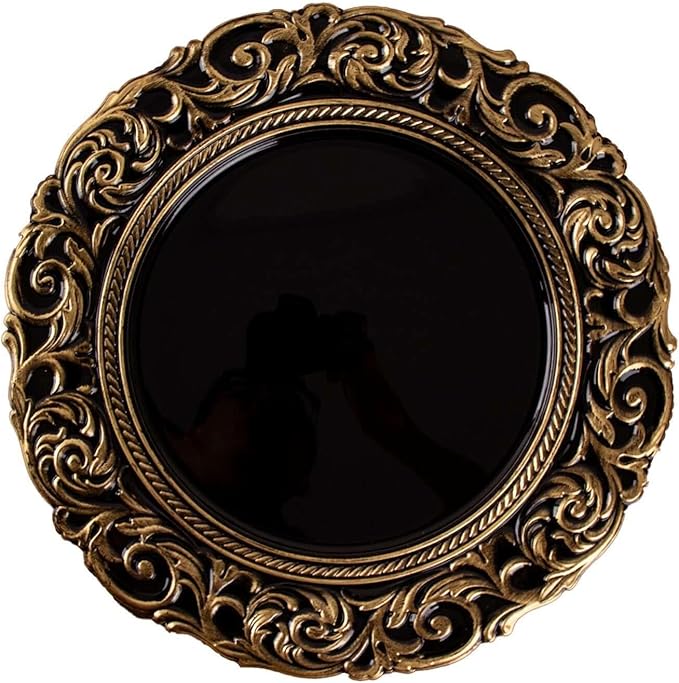 Efavormart Set of 6 Black/Gold 14" Round Plastic Charger Plates With Engraved Baroque Design Rim For Wedding Party Events