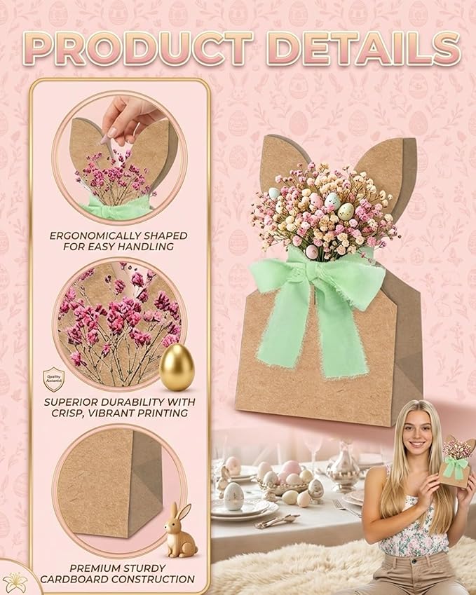 Easter Bunny Kraft Gift Bags, 24 Set Boho Bow Easter Bunny Treat Bags, DIY Kraft Paper Goodie Treat Bag with Boho Bow for Party Favors, Gift Packaging, School, Church, Office