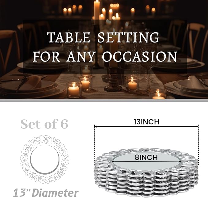 MAONAME 13" Silver Charger Plates Set of 6, Mirror Charger for Dinner Plates, Plastic Plate Chargers with Entwined Swirl Rim, Round Chargers for Table Setting, Wedding