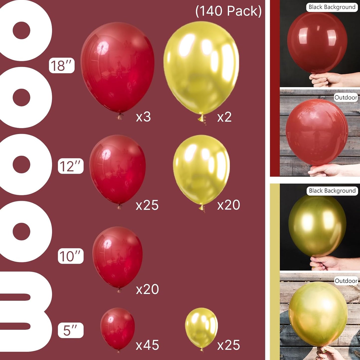PartyWoo Red and Gold Balloons, 140 pcs Ruby Red and Gold Balloons Different Sizes Pack of 18 Inch 12 Inch 10 Inch 5 Inch for Balloon Garland or Balloon Arch as Birthday Decorations, Party Decorations