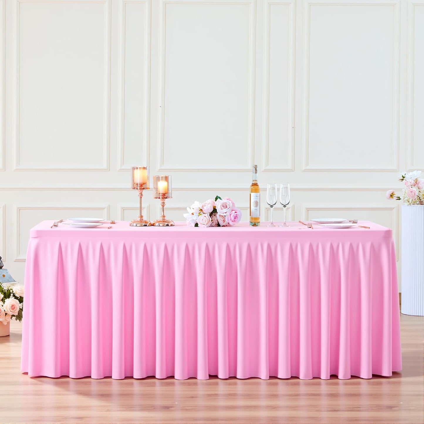 HB HBB MAGIC 4 Pack Pink Tablecloths for 6 Foot Rectangle Tables, Elegant Pleated Table Skirt – Wrinkle Free Stretch Fitted Table Cover for Weddings, Banquets, Birthday Parties & Events