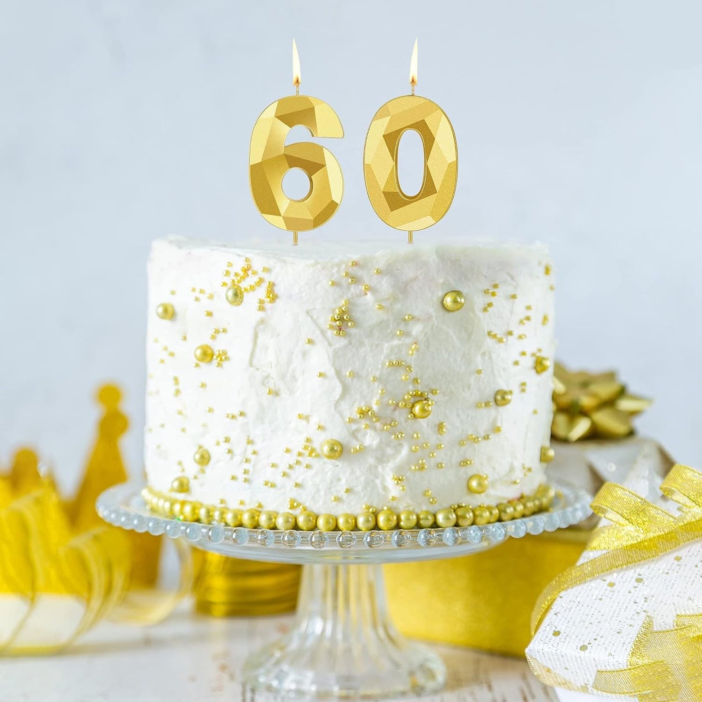Nuanchu 60th Birthday Candles Cakes Number Candle Cake Topper Decoration 3D Diamond Shape Cake Candles for Birthday Wedding Anniversary Celebration Party Supplies(Gold)