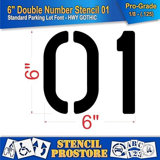 Pavement, Curb, and WheelStop Stencils - 6 inch Double Number Stencil - (01) - 6" x 6" x 1/8" (128 mil) - Pro-Grade
