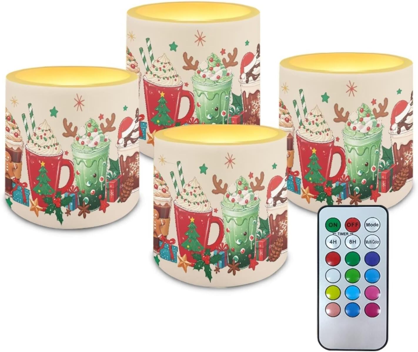 Poceacles Remote Control LED Candles Set of 4 Battery Powered Flameless Candles with Multi-Color Lighting Options, Timer Function, for Christmas Decor, Christmas Beverage Latte Coffee Pattern