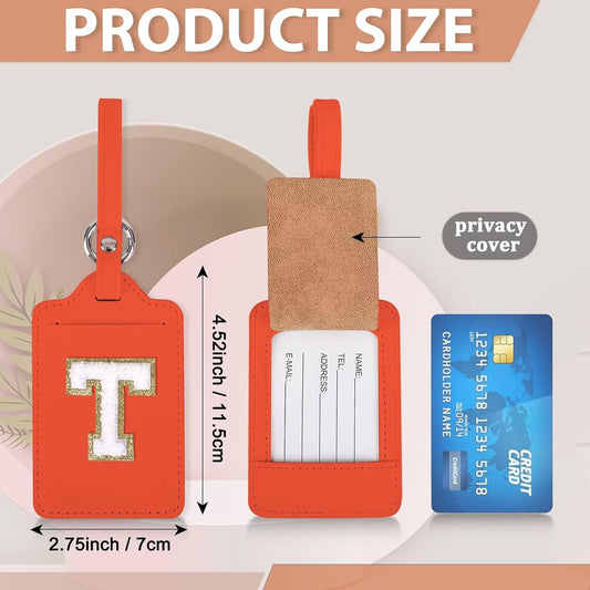 Personalized Initial Luggage Tags for Suitcases, Leather Chenille Letter Cute Luggage Tags with Privacy Name Card, Embroidered Travel Bag Backpack Tags Gifts for Women Kids Girls Teens(Orange-T
