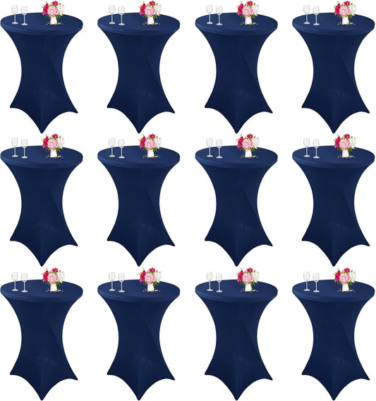12 Pack Cocktail Spandex Tablecloth 32"x43" Cocktail Table Cover Fitted High Top Round Table for Bar Wedding Birthday Party Banquet (Navy Blue)