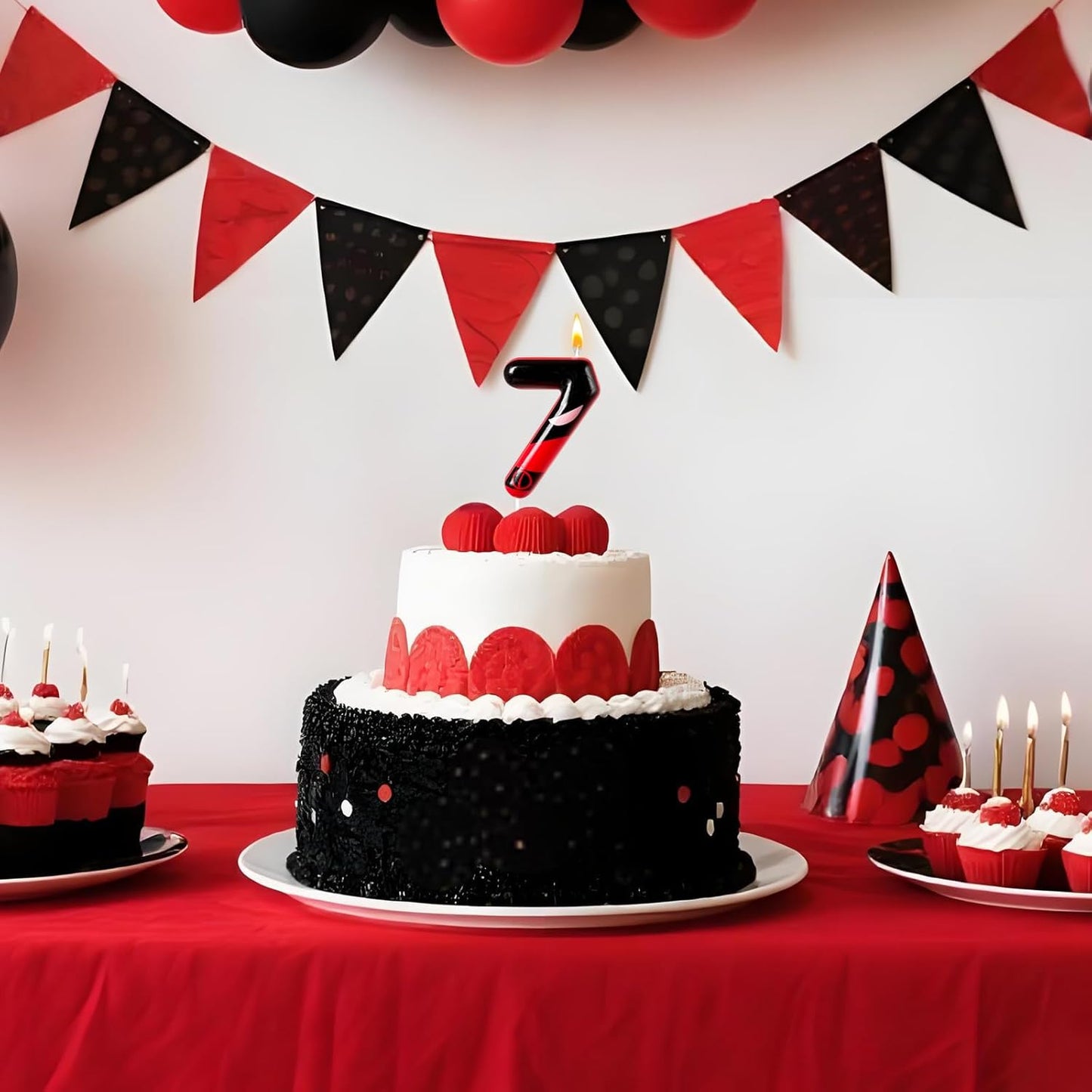 Black Red Mask Number 7 Birthday Candles - Comic Themed Cake Topper for Birthday Decorations Supplies, 7 Candle Party Favors (Number 7)