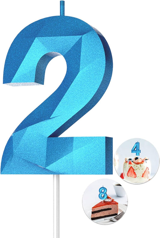 Number Birthday Candles(2 Candle Blue) 3D Diamond Shape Number Happy Birthday Cake Candles for Birthday Party Wedding Decoration Reunions Theme Party