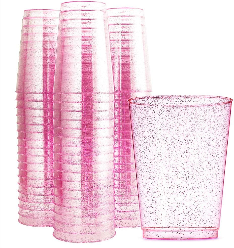 WDF 100pcs 12OZ Rose Gold Cups,Disposable Rose Gold Premium Wedding Glitter Plastic Cups Perfect for Mother's Day/Party