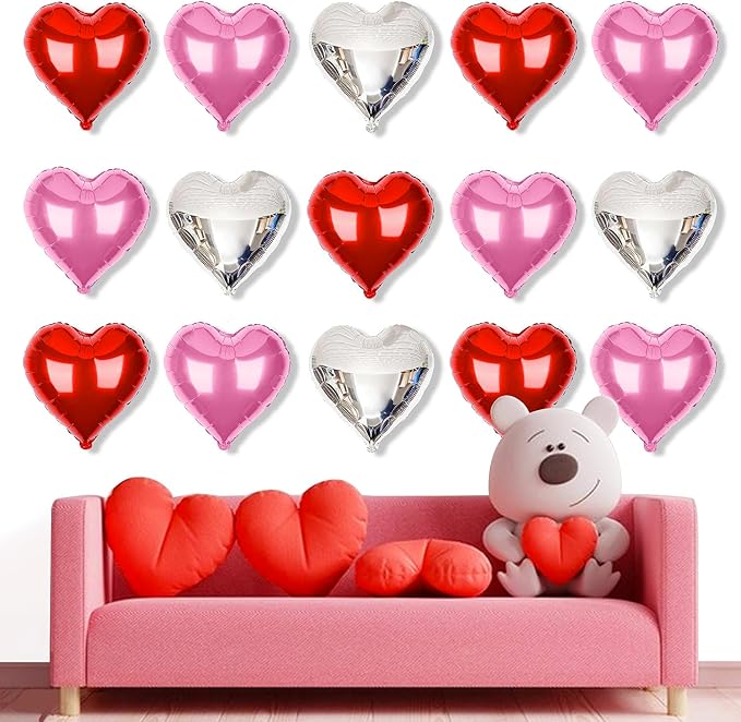 Upgraded Pink Silver and Red Balloons - Pack of 15 - Heart Shaped Foil Balloons for Valentines Day Wedding Birthday Bridal Shower Baby Shower Decorations