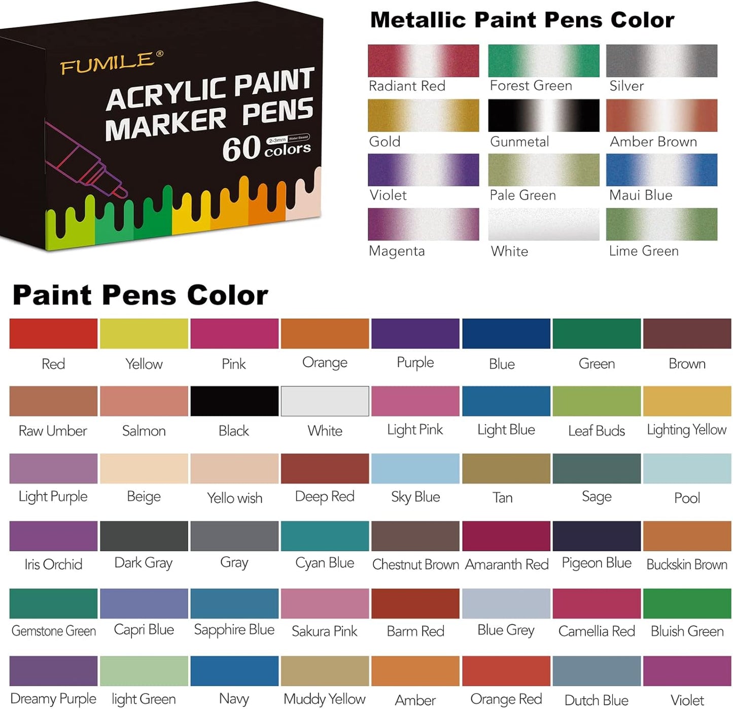 FUMILE Paint Pens paint Markers, 60 Colors Acrylic Paint Marker Pen Set include Metallic Color (12 PCS) and Normal color (48 PCS). Ideal for Rock Wood, Metal, Plastic, Glass, Canvas, Easter egg DIY.