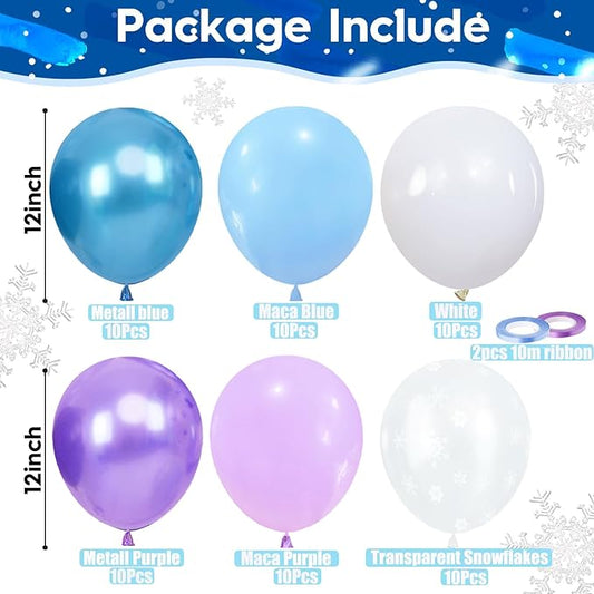 Blue and Purple Balloons, 60pcs 12Inch Macaron Metallic Blue Purple Snowflake Confetti Latex Balloons with Ribbon for Girls Party Snowflake Ice Snow Theme Birthday Party Decoration