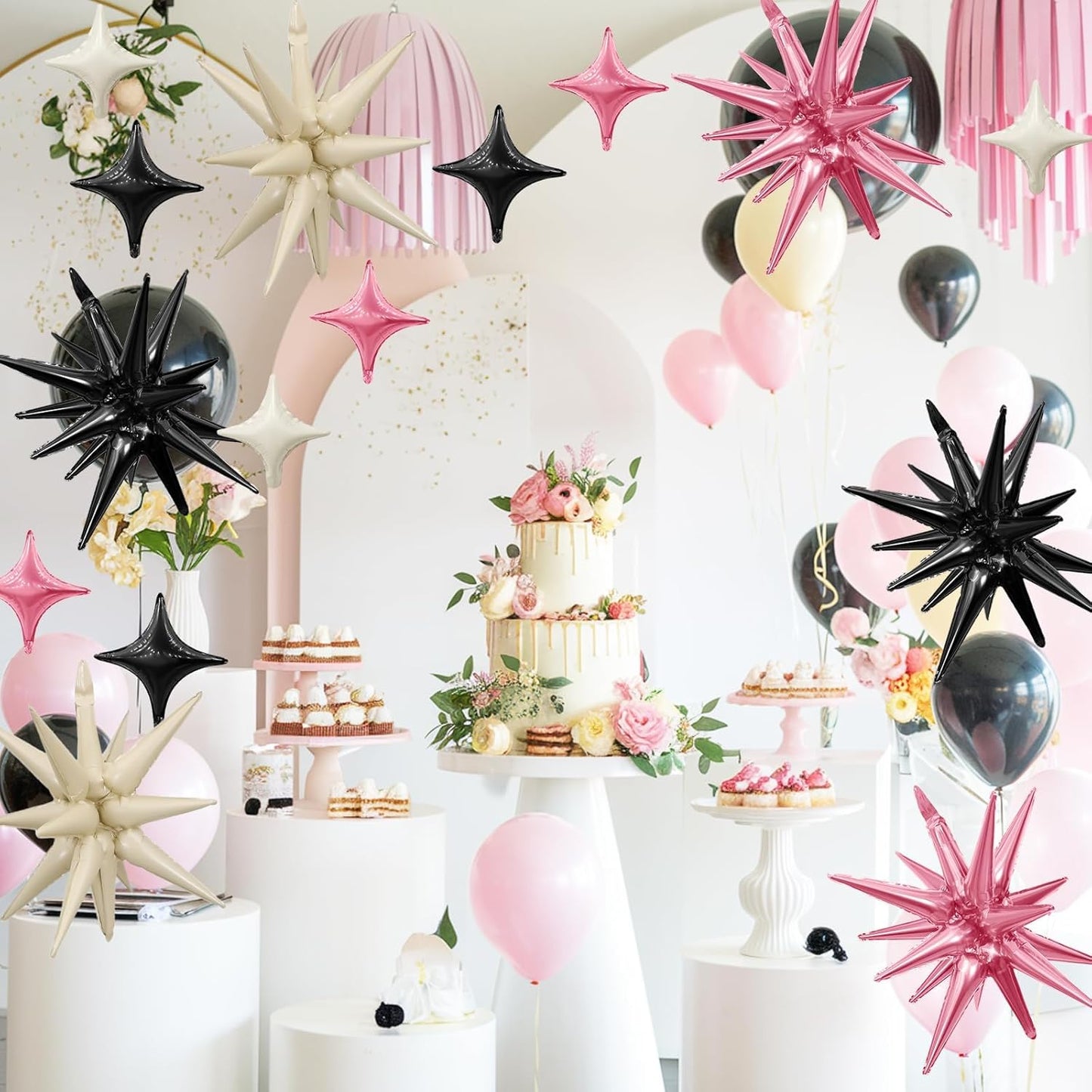 Pink Black White Star Balloon,6Pcs 22Inch Explosion Star Balloons and 10Pcs 10Inch Four Angle Balloons Kit for Birthday Anniversary Baby Shower Wedding Party Decorations