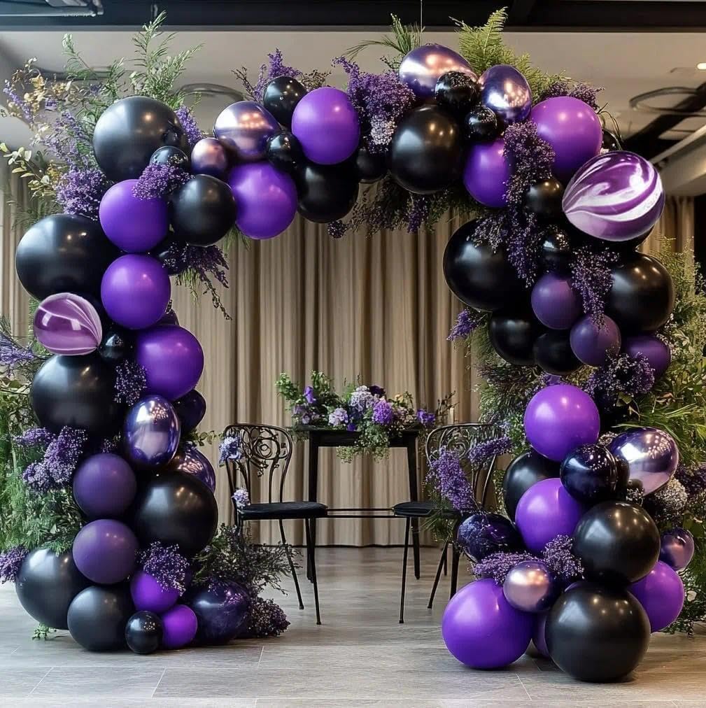 Black Purple Balloon Garland Double Stuffed Latex Dark Purple Black Balloons Arch Kit for Birthday Wednesday Graduation Gothic Vampire Prom Decorations