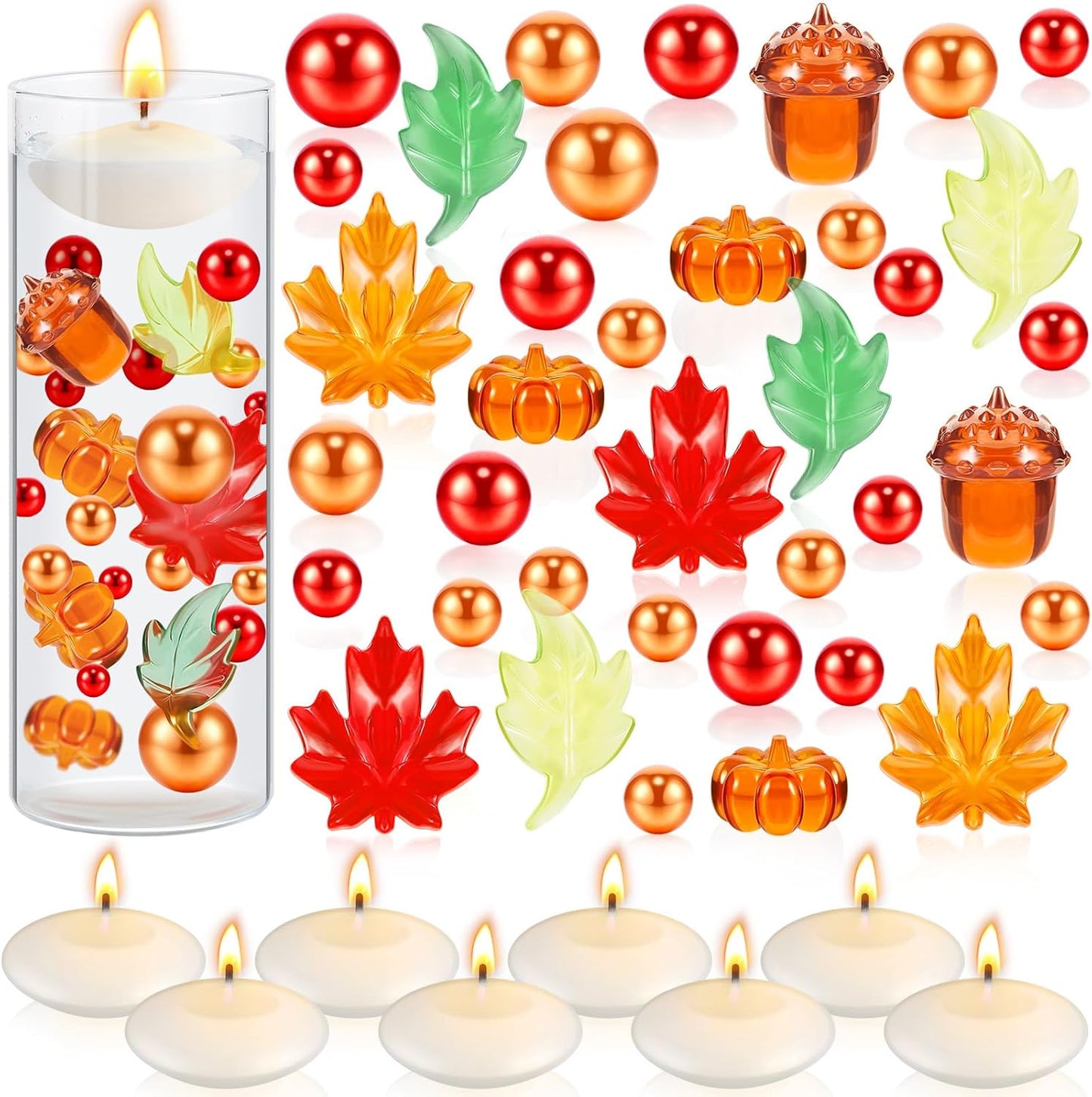 MTLEE 124 Pcs Thanksgiving Vase Filler Faux Pearl for Vase Filler with 8 White Unscented Candles for Fall Thanksgiving Home Table Party Festival Decors, Not Included Clear Beads(Mixed Leaves)