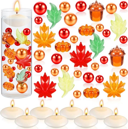 MTLEE 124 Pcs Thanksgiving Vase Filler Faux Pearl for Vase Filler with 8 White Unscented Candles for Fall Thanksgiving Home Table Party Festival Decors, Not Included Clear Beads(Mixed Leaves)