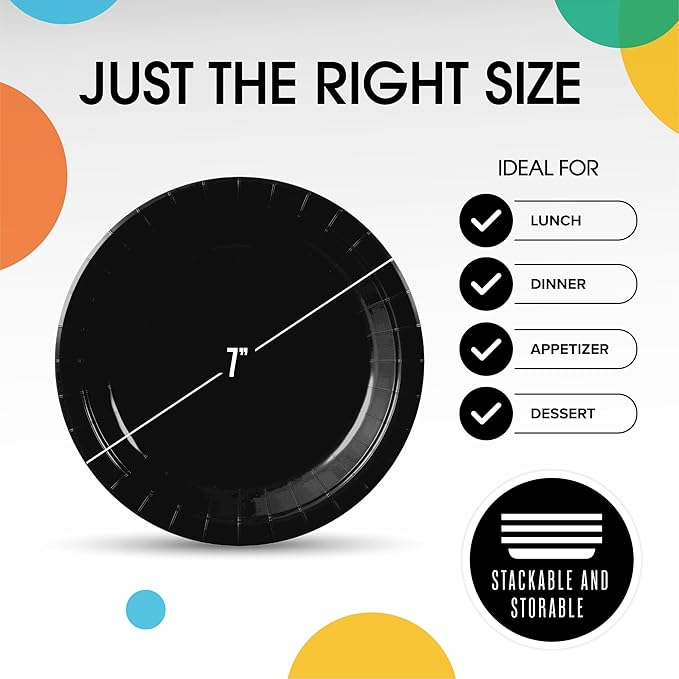 Exquisite Party Solids Black Paper Plates Disposable Heavy Duty 7 Inch Black Disposable Plates For Party 100 Pcs Heavy Duty Paper Plate 350 GSM, Birthday Supplies Plate Set
