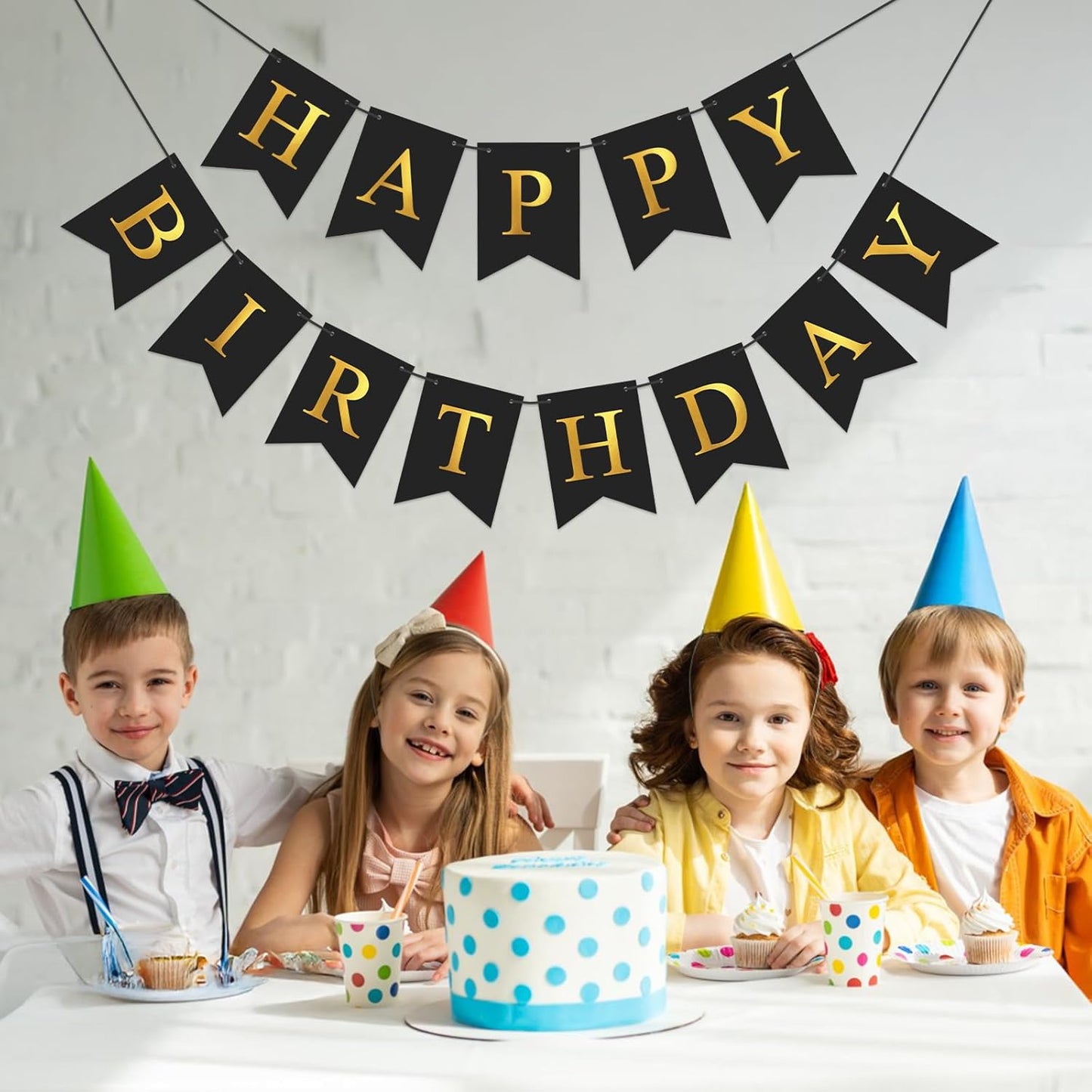 Black Happy Birthday Banner Birthday Party Banner NO DIY Happy Birthday Sign Metallic Gold Pre-Strung Birthday Hanging Decoration for Women Men Girl Boy Party Supplies (Black)