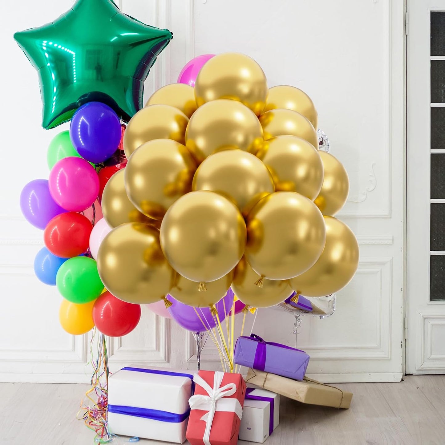 50pcs Metallic Gold Balloons, Helium Quality 12inch Chrome Gold Latex Balloons for Balloon Garland Arch As Wedding Graduation Birthday Party Decoration (with Ribbon & Glue)