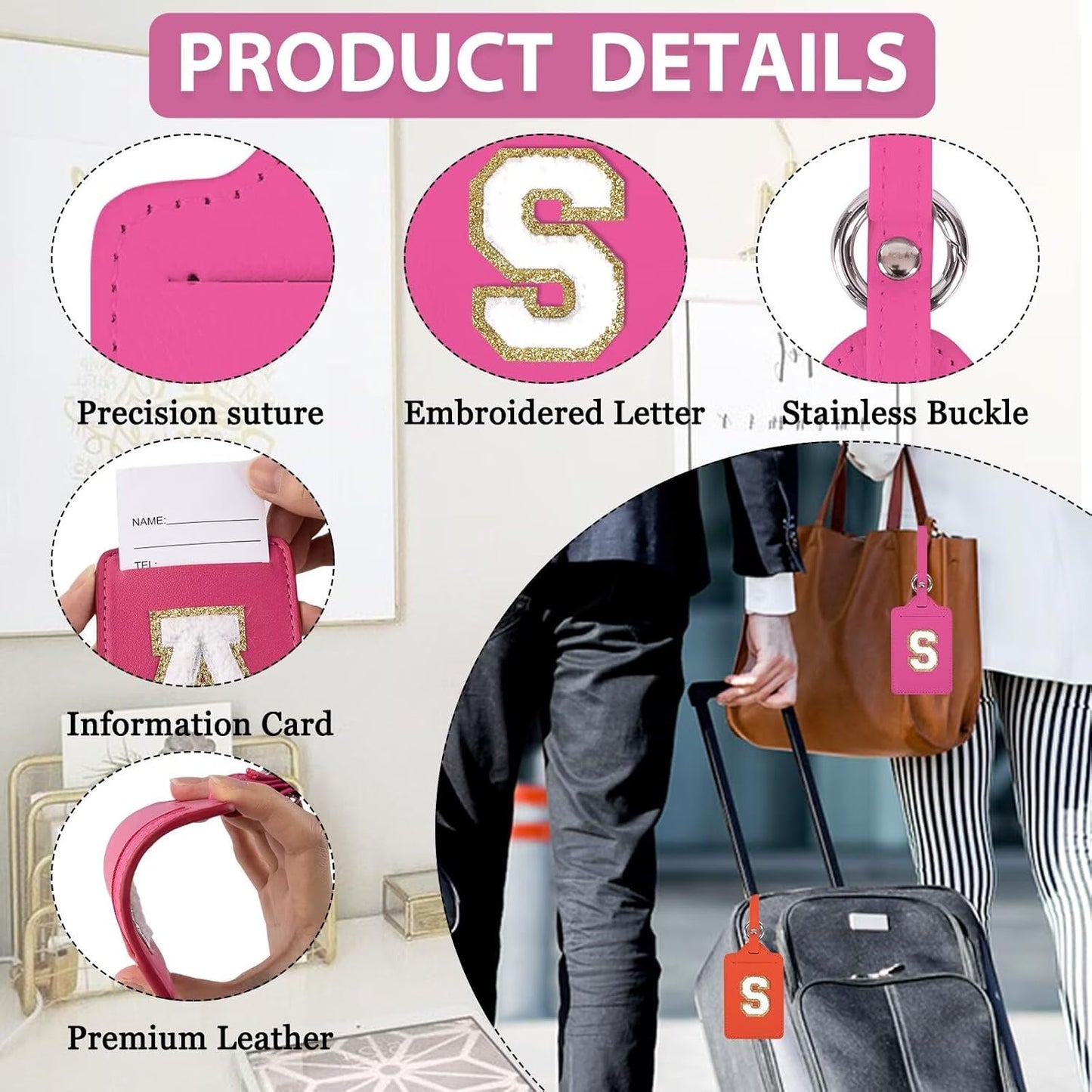 Personalized Initial Luggage Tags for Suitcases, Leather Chenille Letter Cute Luggage Tags with Privacy Name Card, Embroidered Travel Bag Backpack Tags Gifts for Women Kids Girls Teens(Rosered-S)