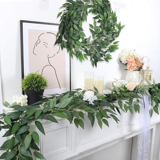 RECUTMS Fake Willow Leaves Vine Artificial Italian Ruscus Greenery Garland 2Pack 6.5FT Faux Hanging Silk Leaf Ivy Rattan for Home Office Wedding Garden Balcony Wall Window Indoor Outdoor Decor