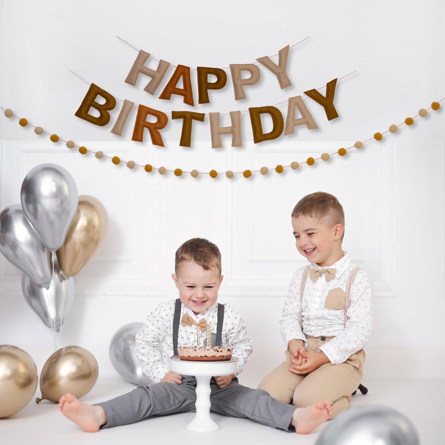 Brown Happy Birthday Banner Felt Ball Garland Pre-Strung Happy Birthday Sign for Party Backdrop Decorations Photo Prop