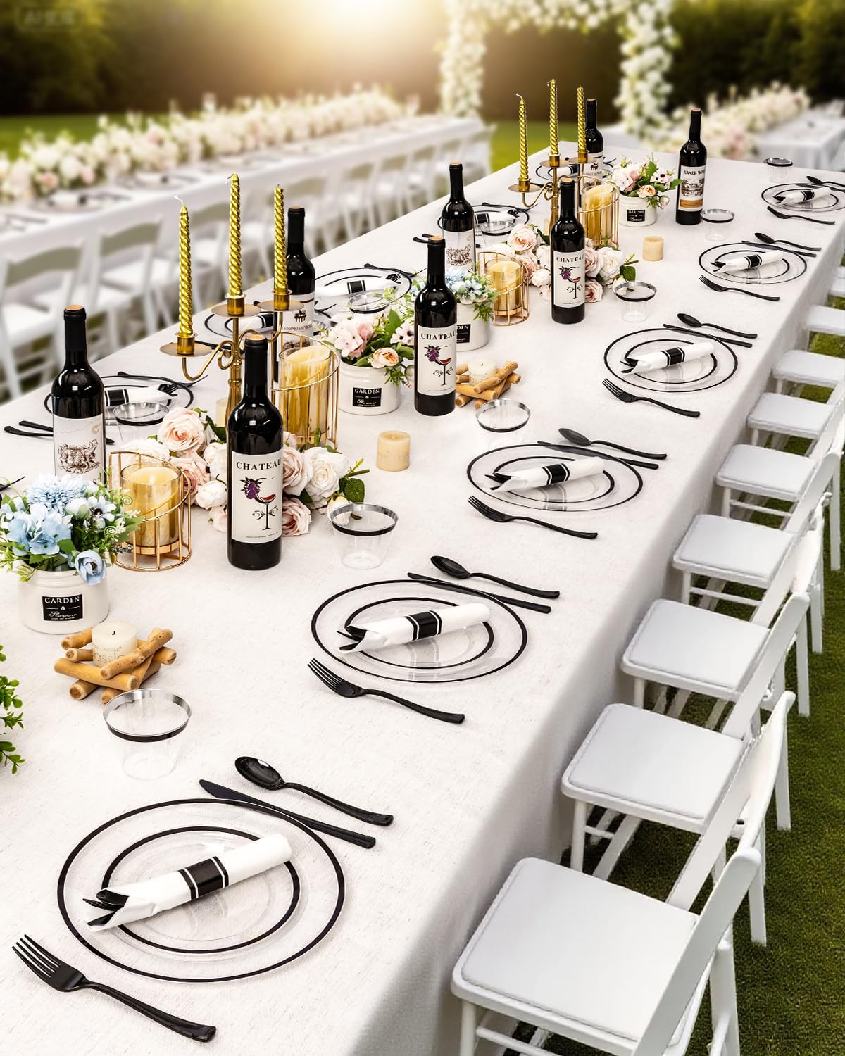 350Pcs Plastic Plates for Party, Disposable Clear Black Dinnerware Set for 50 Guests,100 Plastic Plates,50 Cups, 50 Pre-Rolled Napkins with Cutlery for Party, Wedding, Thanksgiving, Christmas
