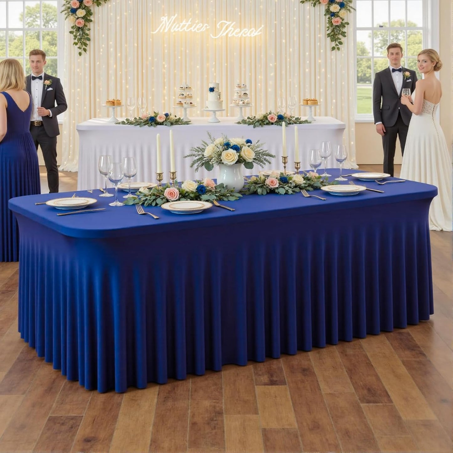 JCJ Table Skirt for Rectangle Tables Spandex Fitted Royal Blue Tablecloths for 6FT Tables, Wrinkle Resistant Ruffles Elastic Table Cover Skirts for Teacher Desk Weddings Banquets Parties