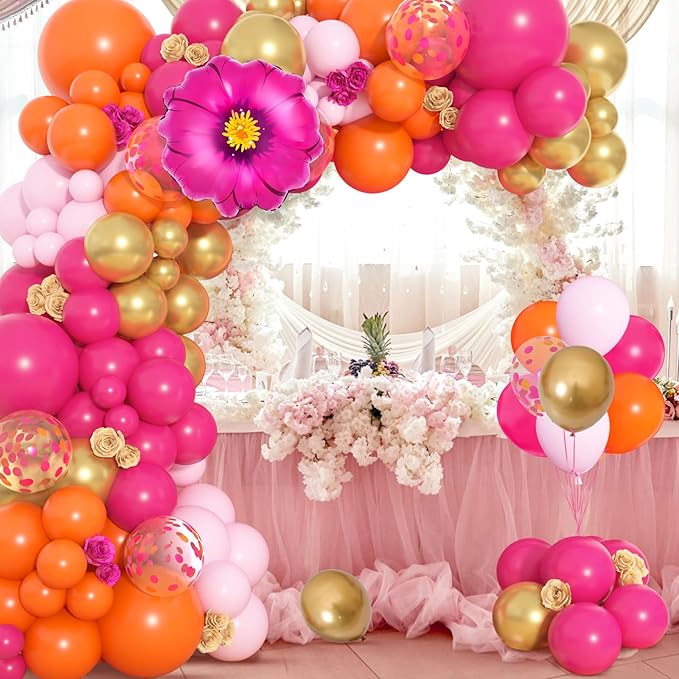 Ouddy Life 175Pcs Hot Pink and Orange Balloons Arch Garland Kit, Pink and Orange Party Decorations with Gold Balloons Foil Flowers for Women Wedding Bridal Tropical Bachelorette Birthday Decor, Large